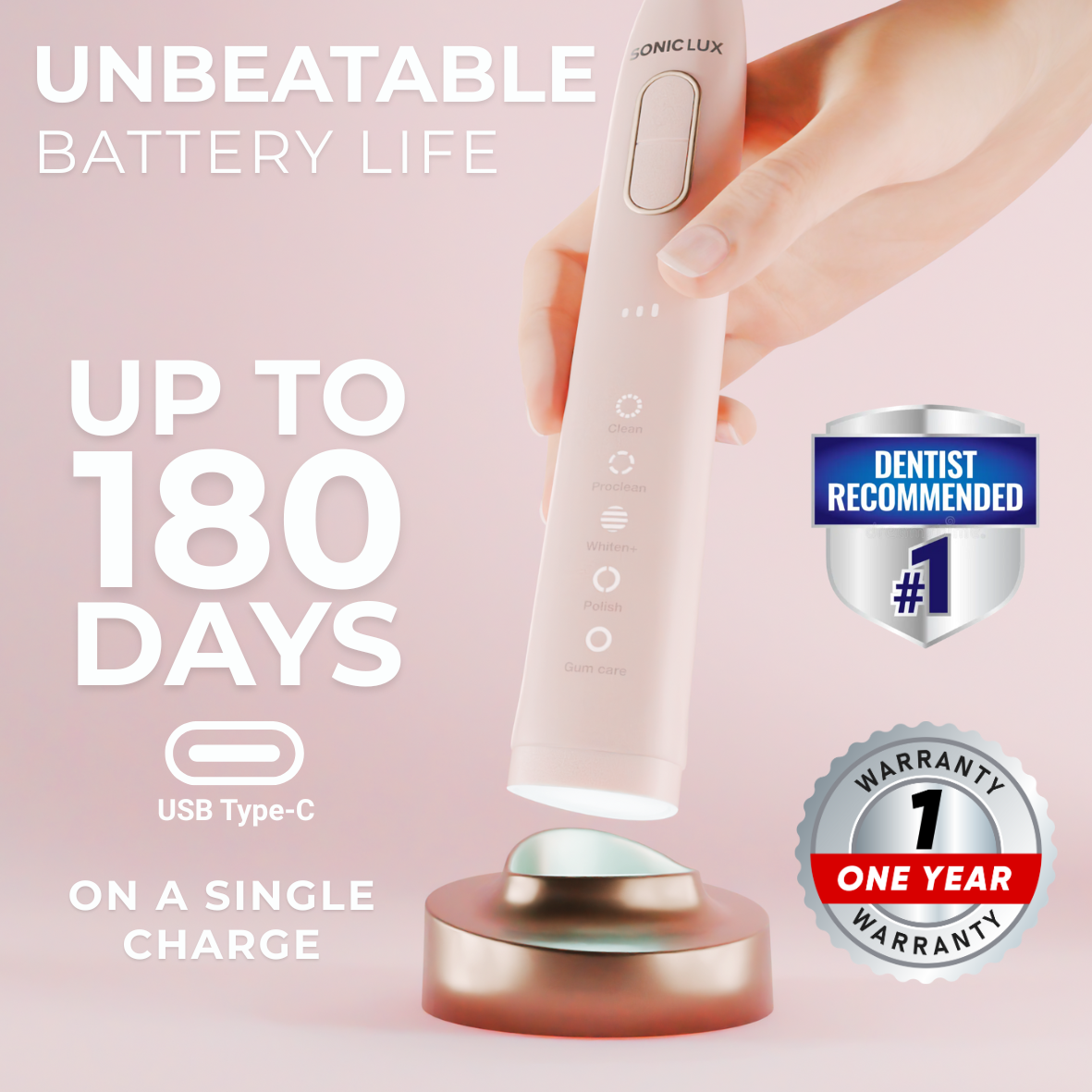 Sonic Lux™ Rose Quartz Pink Electric Toothbrush