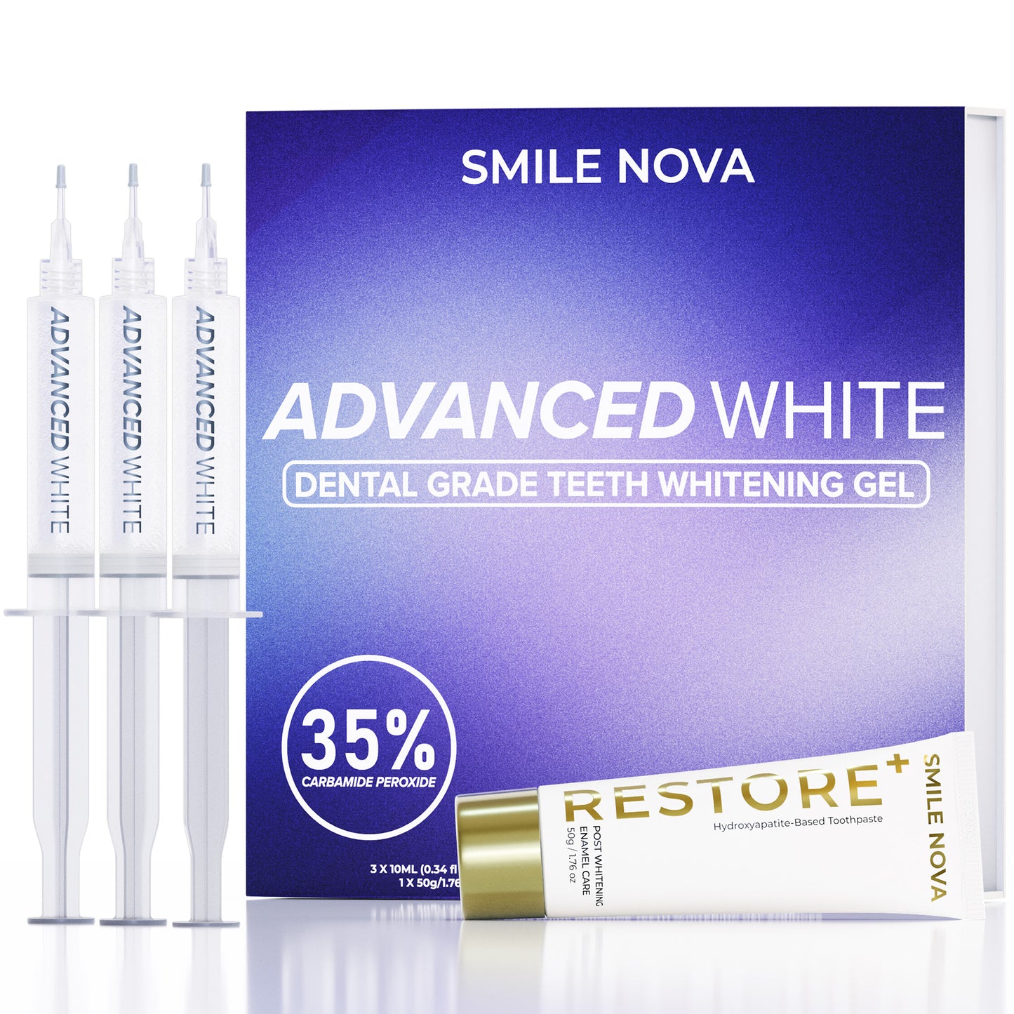 Smile Nova™ Advanced White Teeth Whitening Gel Refill Pack | 3X 10 mL Dental-Grade Gel Syringes | 60 Treatments, Professional 35% Carbamide Peroxide, | Restore+ Nano-Hydroxyapatite Toothpaste