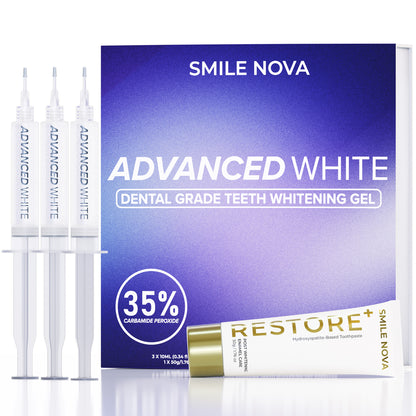 Smile Nova™ Advanced White Teeth Whitening Gel Refill Pack | 3X 10 mL Dental-Grade Gel Syringes | 60 Treatments, Professional 35% Carbamide Peroxide, | Restore+ Nano-Hydroxyapatite Toothpaste